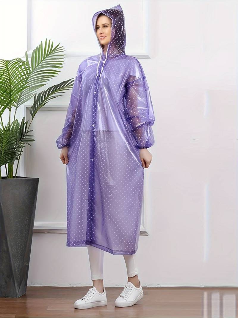 Stylische Lange Regenjacke mit Knopfleiste, Kapuze und Punktmuster für Damen | Ideal für den Winter