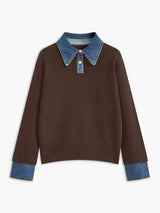 Victoria | Eleganter Damen Strickpullover Mit Denim-Kragen – Braun