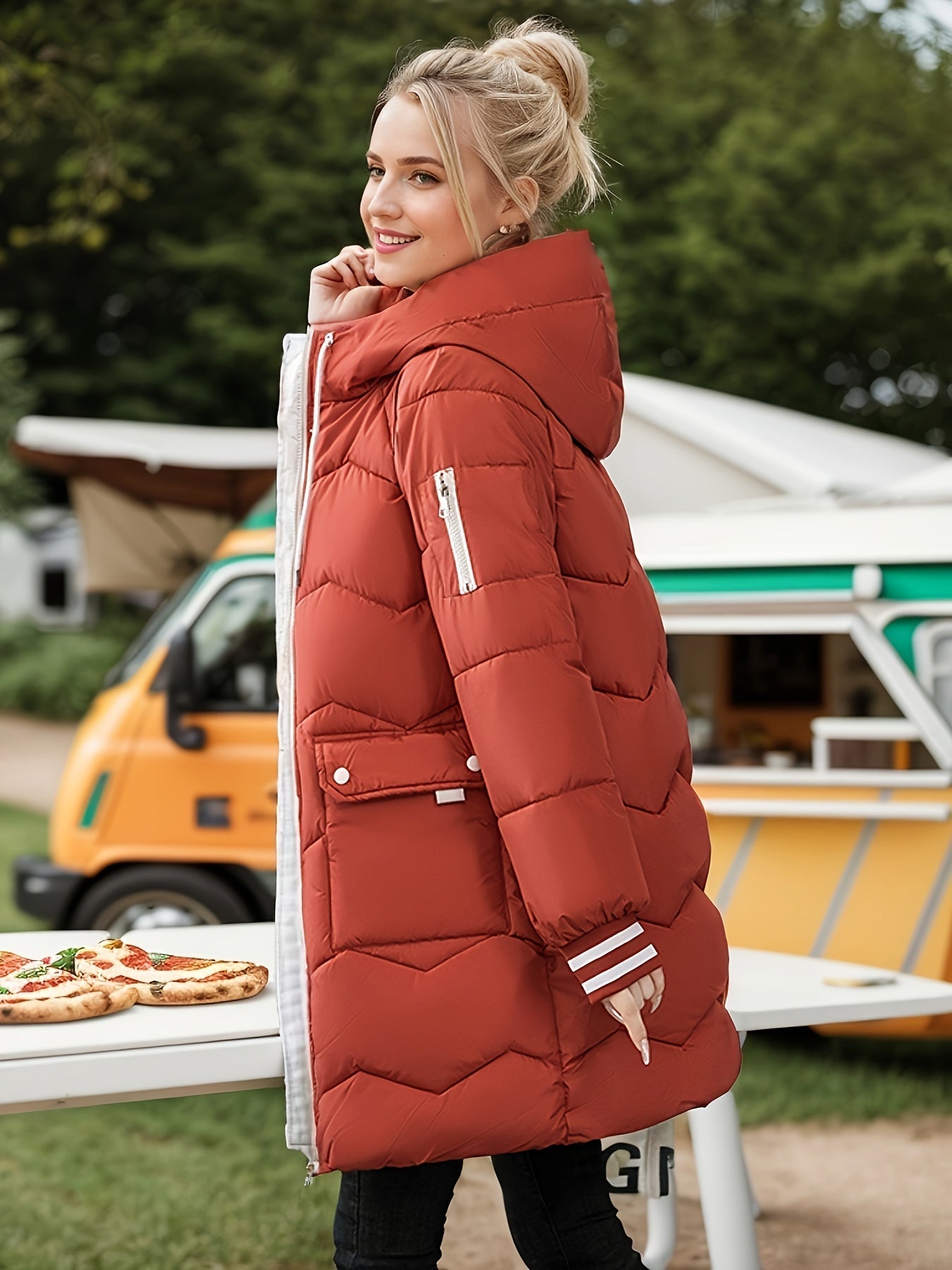 Langer lässiger Wintermantel mit Kordelzug und Klappentaschen für Damen |  Ideal für den Winter