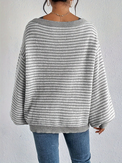 Lässiger Oversized Strickpullover aus Baumwolle mit Streifen und Elastischem Stoff für Damen | Ideal für den Winter