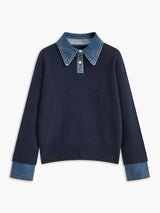 Victoria | Eleganter Damen Strickpullover Mit Denim-Kragen – Marine