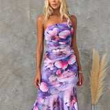 Damen-Maxikleid mit einem Träger und Blumenmuster – Lila