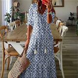 Damen-Maxikleid mit Blumenmuster und V-Ausschnitt – Blau
