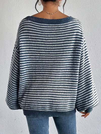 Lässiger Oversized Strickpullover aus Baumwolle mit Streifen und Elastischem Stoff für Damen | Ideal für den Winter