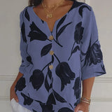Lara Blumen V-Ausschnitt Bluse Damen | Elegant & Bequem – Blau