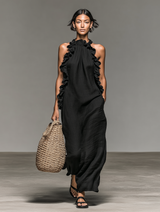 Lua | Damen Halterloses ärmelloses Maxikleid mit Rüschen – Schwarz