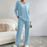 Marie | Weiches und Raffiniertes Zweiteiliges Rippstrick-Set mit V-Ausschnitt – Babyblau