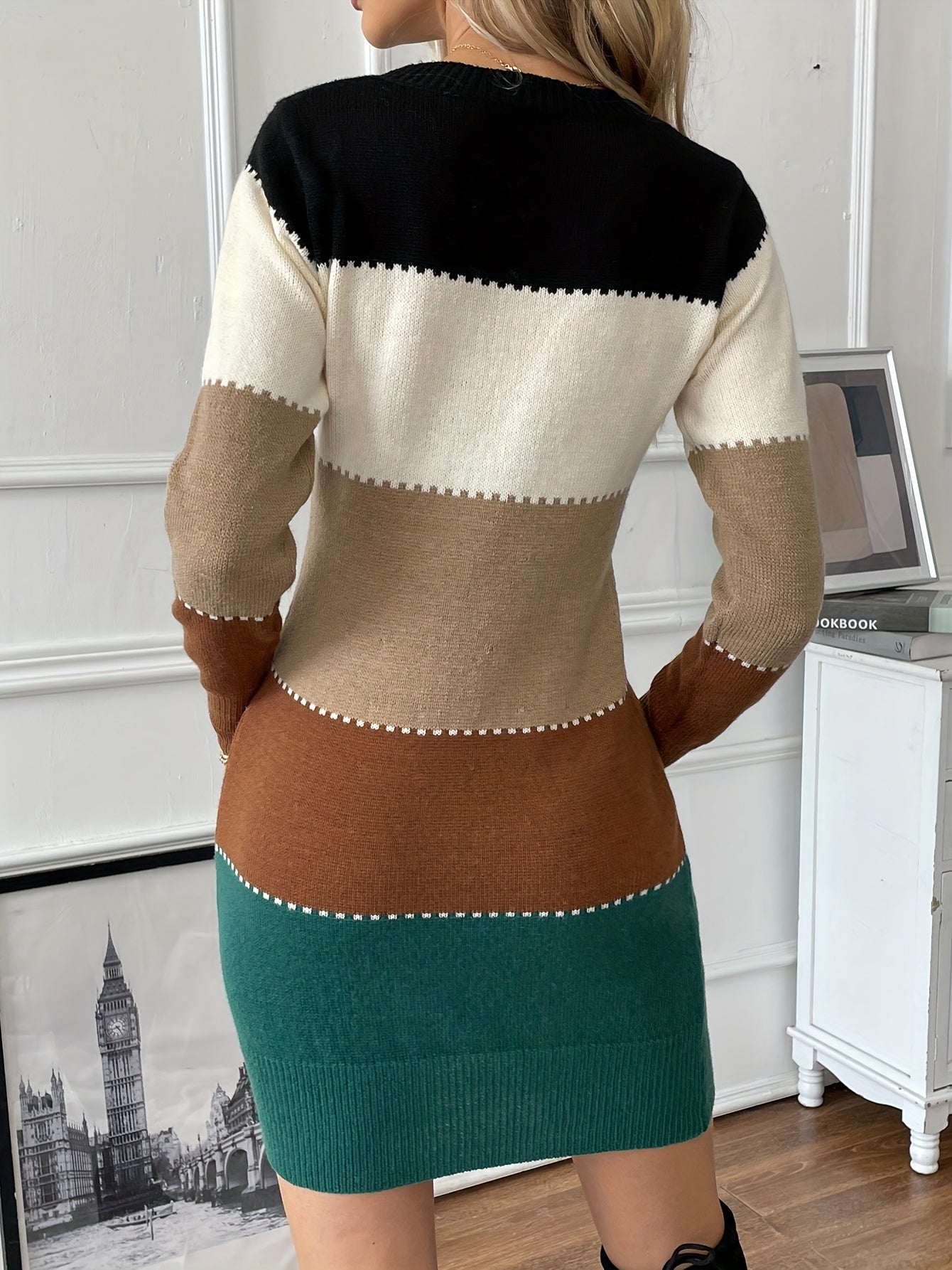 Stilvolles Baumwollkleid mit Farbblock-Design, langen Ärmeln und Rundhalsausschnitt für Damen | Ideal für den Sommer