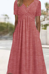 Damen Kurzarm V-Ausschnitt Maxikleid – Rosa