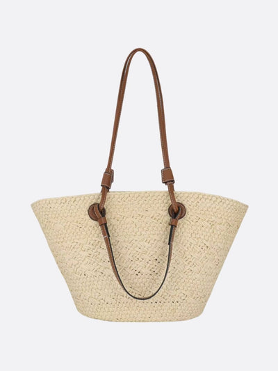 Amara | Trapezförmige Damen-Strohtasche mit Kunstleder-Schulterriemen & Korbstruktur