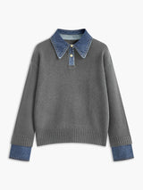 Victoria | Eleganter Damen Strickpullover Mit Denim-Kragen – Hellgrau