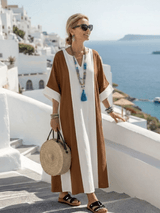 Kalinda | Damen Colorblock Maxikleid – Entspanntes Farbblock Sommerkleid Urlaub 2026 – Braun