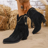 Calla | Damen Westernstiefel mit weitem Schaft, Fransen und Nieten – Schwarz