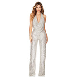 Cassia – Pailletten-Jumpsuit mit Neckholder und offenem Rücken – Silber
