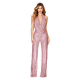Cassia – Pailletten-Jumpsuit mit Neckholder und offenem Rücken – Rosa