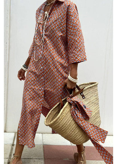 Lara® | Sommerrotes gestreiftes halbärmeliges langes Hemdkleid