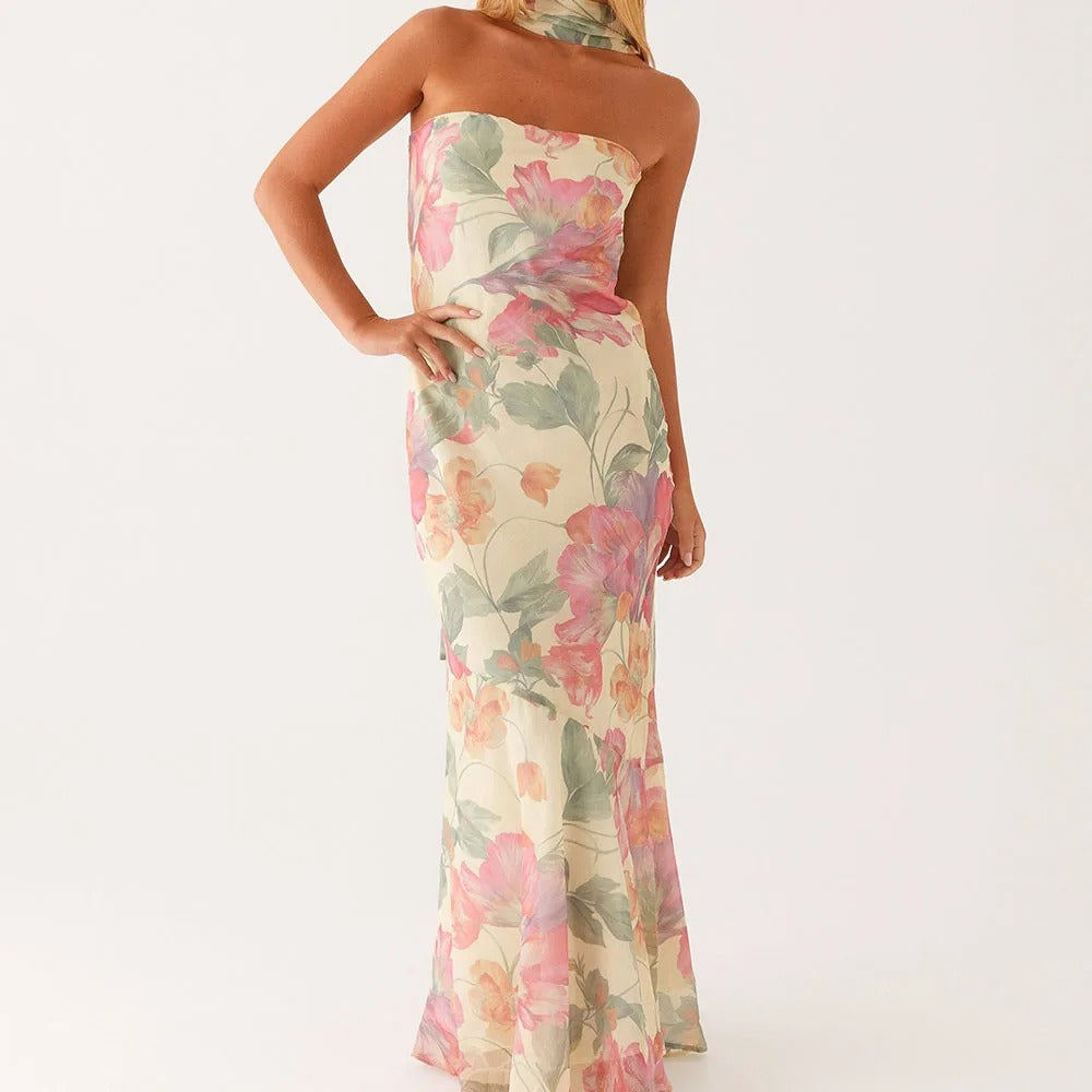 Kalentha® | Trägerloses Maxikleid mit Choker-Kragen