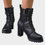 Evelyn | Markante Combat-Stiefeletten mit Schnürung und Blockabsatz – Schwarz