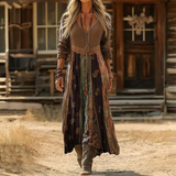 Celia | Damen Langarm Maxikleid mit Boho Muster und V Ausschnitt – Mehrfarbig