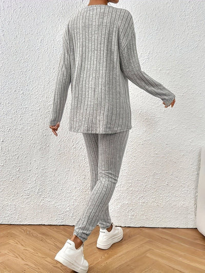 Damen Freizeit-Langarm-Rundhals-Oberteil und High-Waist-Skinny-Hosen-Set | Ideal für Active Wear