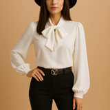 Damen-Bluse mit Schleife und langen Ärmeln – Weiß