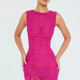 Midi-Kleid für Damen mit Rüschen und figurbetonter Passform | Ärmellos mit Rüschen – Pink Charlotte