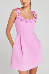 Cindy | Damen Minikleid Blumenapplikationen – Feminines Kurzkleid Party & Sommer 2026 – Rosa