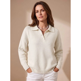 Constantin | Damen Pullover mit Kragen und Knöpfen Langarm – Weiß