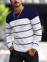 Corvald | Herren Gestreifter Rundhals Strickpullover – Marineblau