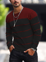 Corvald | Herren Gestreifter Rundhals Strickpullover – Brick Red