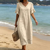 Bruhildda | Boho-Kleid aus Baumwolle mit Quastenbesatz – Aprikose
