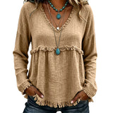 Ariselle - Bluse mit Fransenbesatz und V-Ausschnitt – Khaki