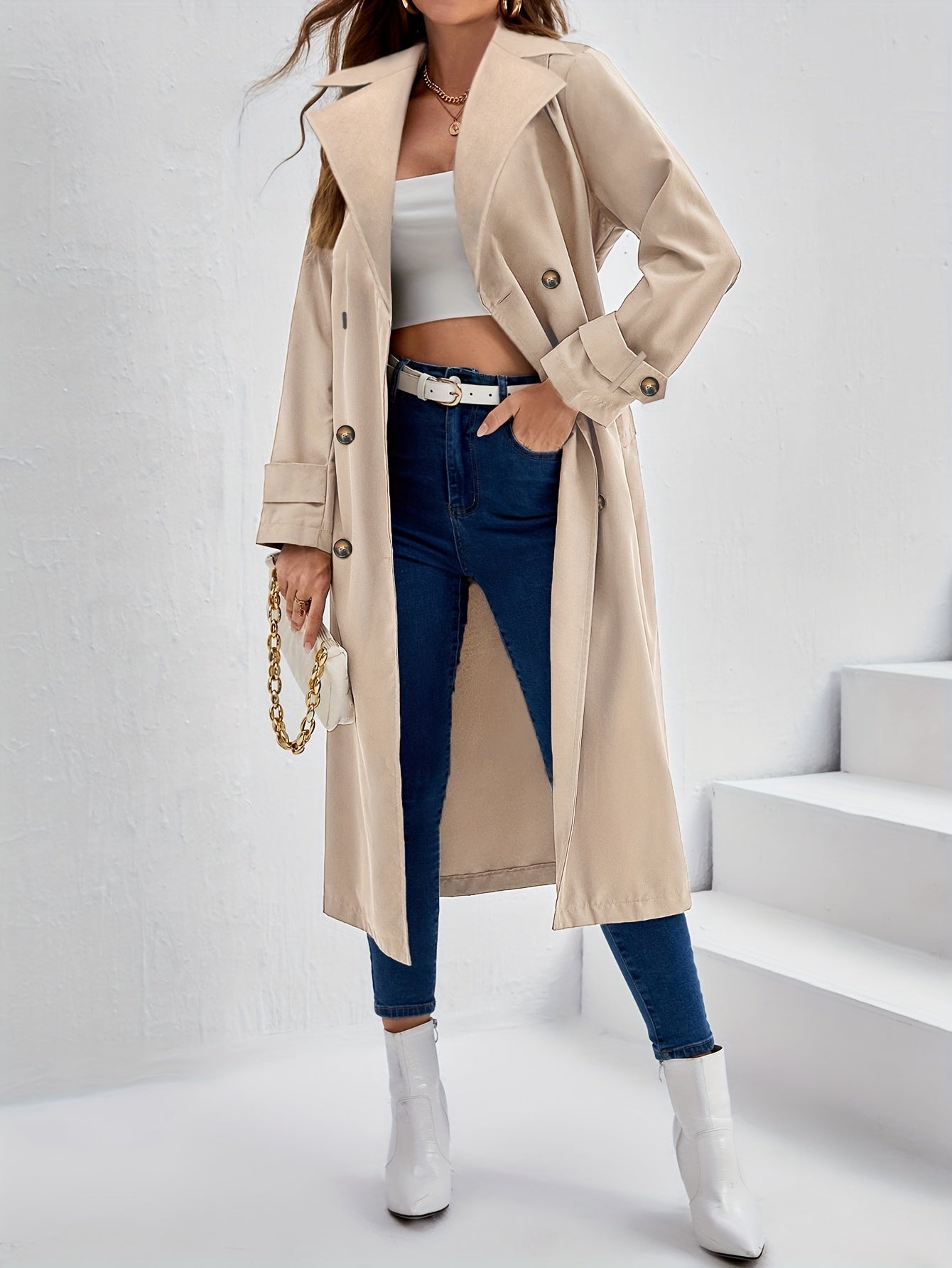 Eleganter Khaki Langer Trenchcoat mit Taillenband für Damen | Ideal für den Winter
