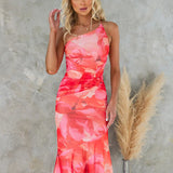 Damen-Maxikleid mit einem Träger und Blumenmuster – Rosa