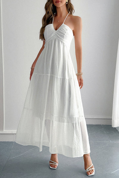 Lara® | Maxikleid mit Unifarbenem Halfter Hals und Bindung im lässigen Urlaubsstil