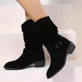 Astrid | Weiche Kniehohe Kunstwildlederstiefel mit Blockabsatz – Black