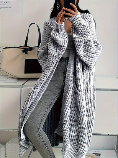 Lässiger Langer Wollstrick Cardigan mit Patches und Taschen für Damen | Ideal für den Winter