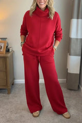 Aivra | Damen Turtleneck Langarm Weitbeiniger Zweiteiler mit Taschen – Rot