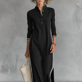 Damen-Maxi-Sweatkleid mit Knopfleiste und Kragen – Schwarz