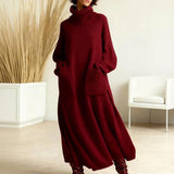 Dagmar | Damen Strickkleid Rollkragen Oversize Midi – Rot