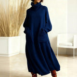 Dagmar | Damen Strickkleid Rollkragen Oversize Midi – Blau