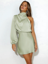 Damen Asymmetrisches Minikleid mit Einschulter Ballonärmel und Drapiertem Ausschnitt – Hellgrün