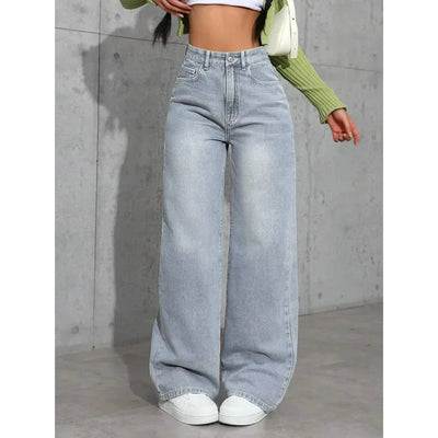 Damen Baggy Jeans mit Hohem Bund und Weitem Bein