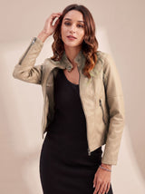 Lena | Damen Bikerjacke Taillierte Kunstleder Jacke mit Stehkragen – Aprikose