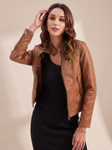 Lena | Damen Bikerjacke Taillierte Kunstleder Jacke mit Stehkragen – Braun