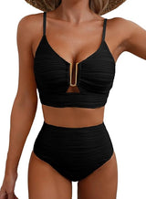 Damen-Bikini mit strukturierter Oberfläche und U-förmigem Metallelement – Schwarz