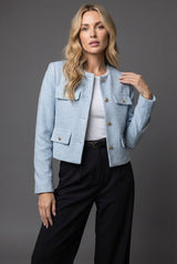 Hannah | Damen Blazer Kurz Tweed Rundausschnitt Goldknöpfe – Hellblau