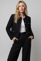 Hannah | Damen Blazer Kurz Tweed Rundausschnitt Goldknöpfe – Schwarz