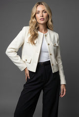 Hannah | Damen Blazer Kurz Tweed Rundausschnitt Goldknöpfe – Weiß