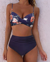 Hannah | Damen Blumen High-Waist Bikini-Set – Marineblau